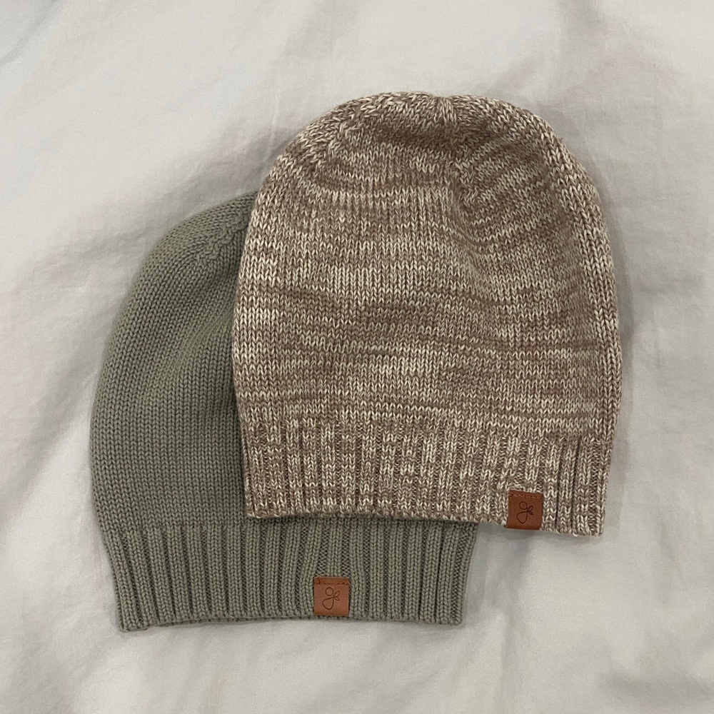 Goumi Baby Set of Two Knit Beanies - Gray and Tan